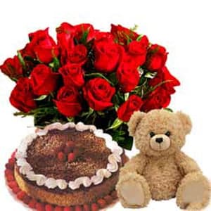 20 Red Roses, 2ft Teddy and 1/2kg Blackforrest cake